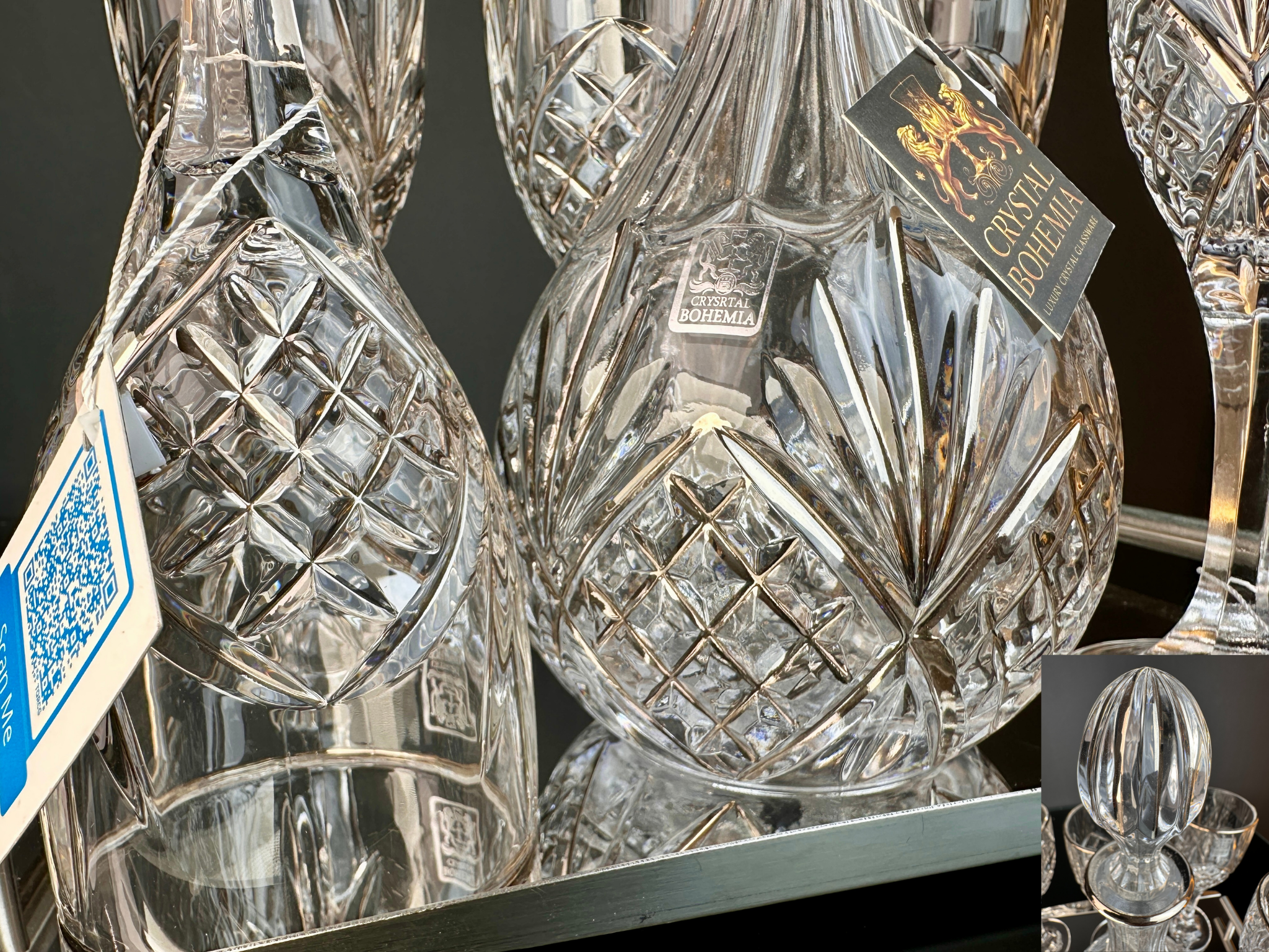 طقم شربات كريستال بوهيمي موديل أناناس مع حواف فضية ودورق وكاسات محفورة يدوياً.