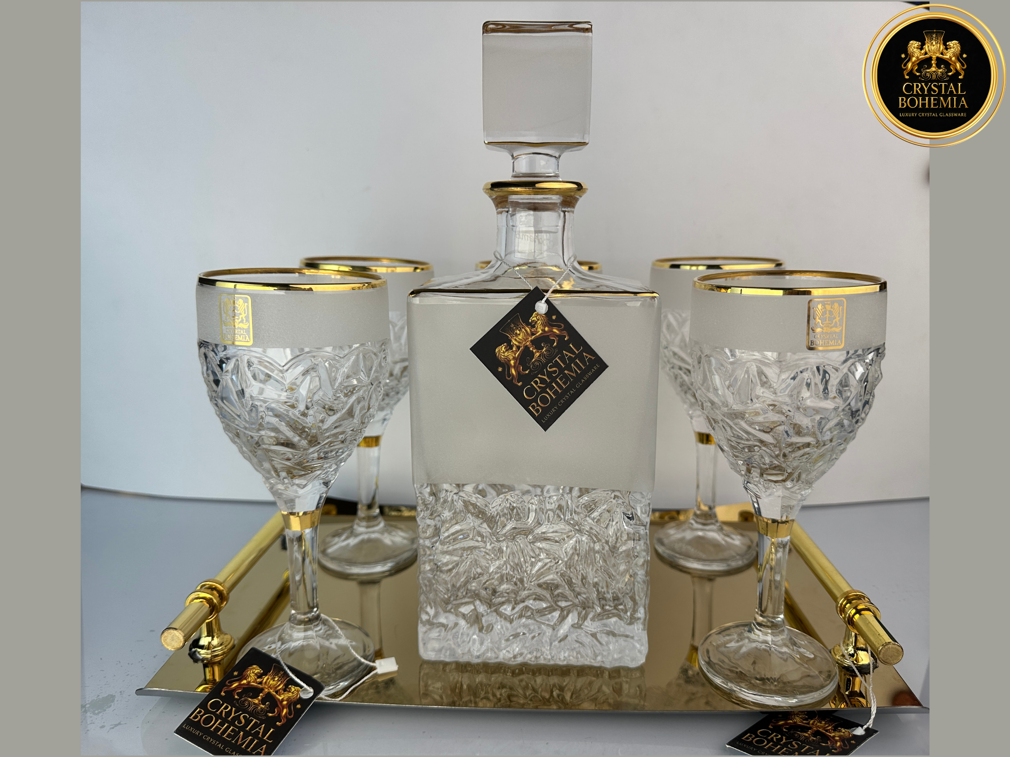 طقم شربات كريستال بوهيمي نيكوليت رمل بقارورة وتشطيب ذهبي