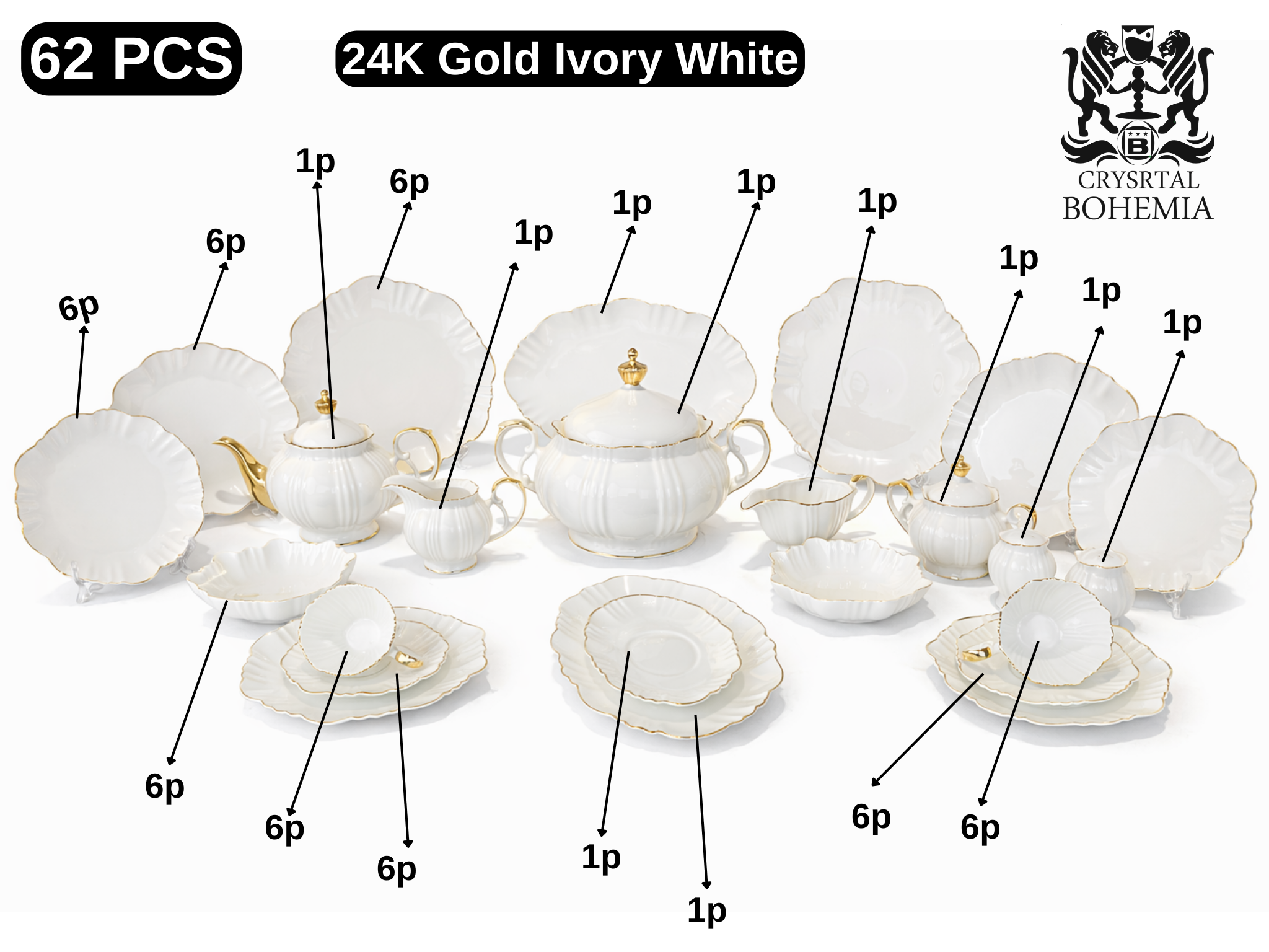 طقم سفرة عاجي بتفاصيل ذهب 24 قيراط