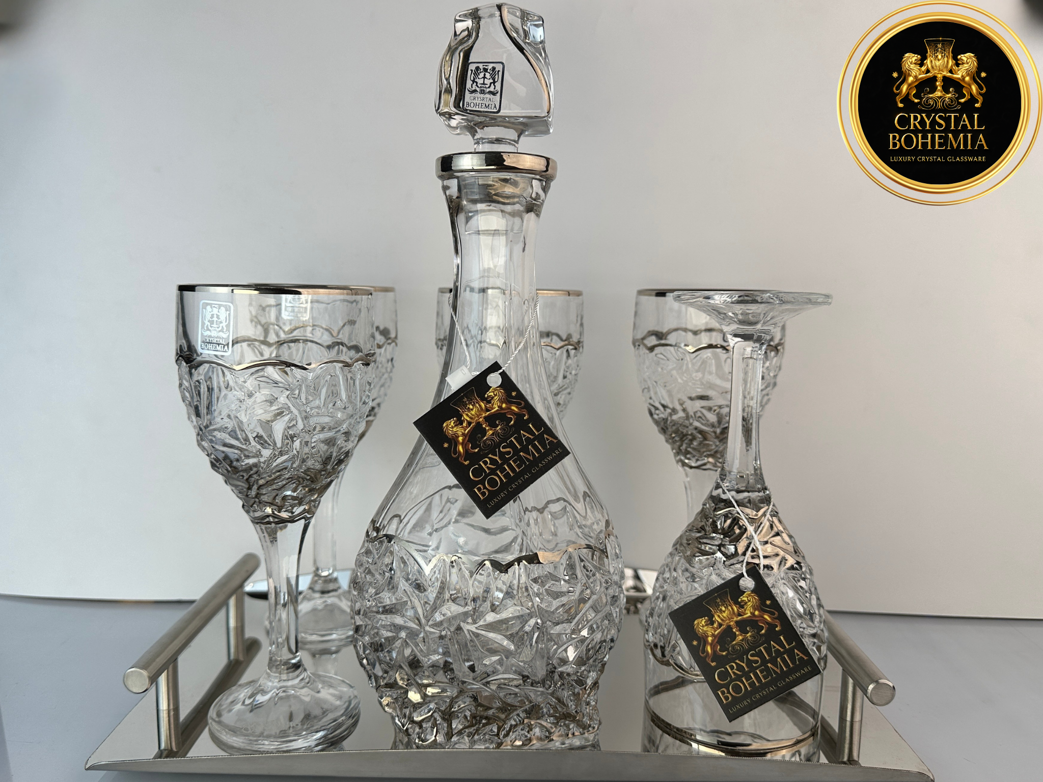 طقم شربات كريستال بوهيمي نيكوليت عصير بتشطيب فضي وصنية تقديم 