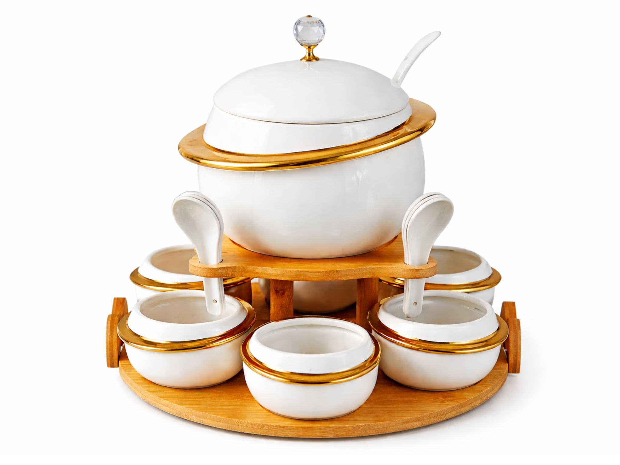 طقم شوربة تايلاندي ابيض 15 قطعة بستاند خشب