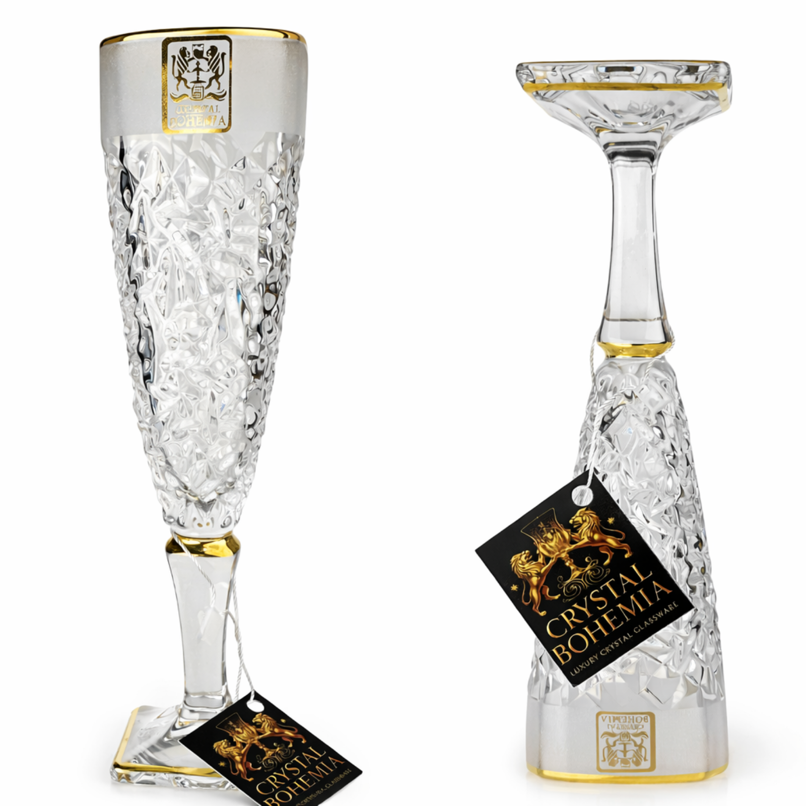 طقم أكواب طويلة مضلعة، مصنوعة من الكريستال الفاخر، شفافة اللون، بتصميم هندسي وحواف ذهبية، عدد القطع: 6