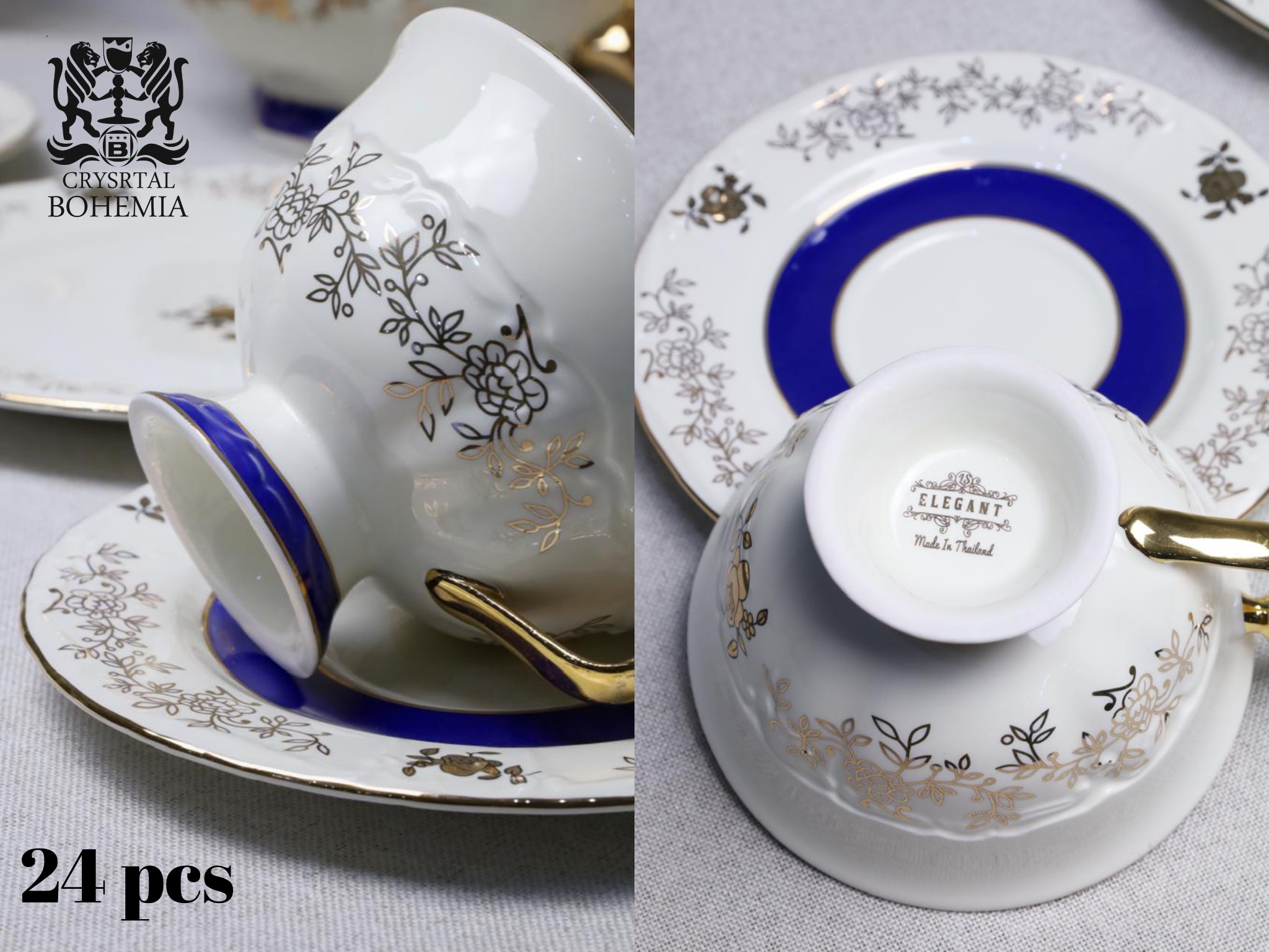 طقم شاي وجاتوه ابيض ذهبي بلمسة ازرق ملكي
