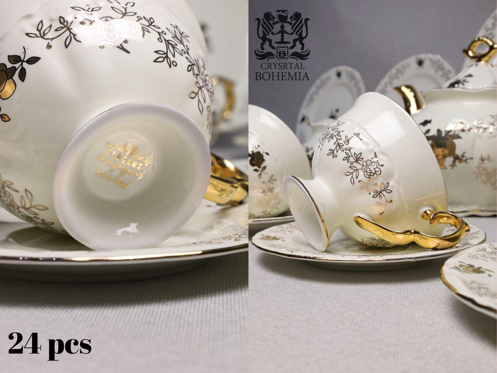 طقم شاي وجاتوه بورسلين بنقوش ذهبية
