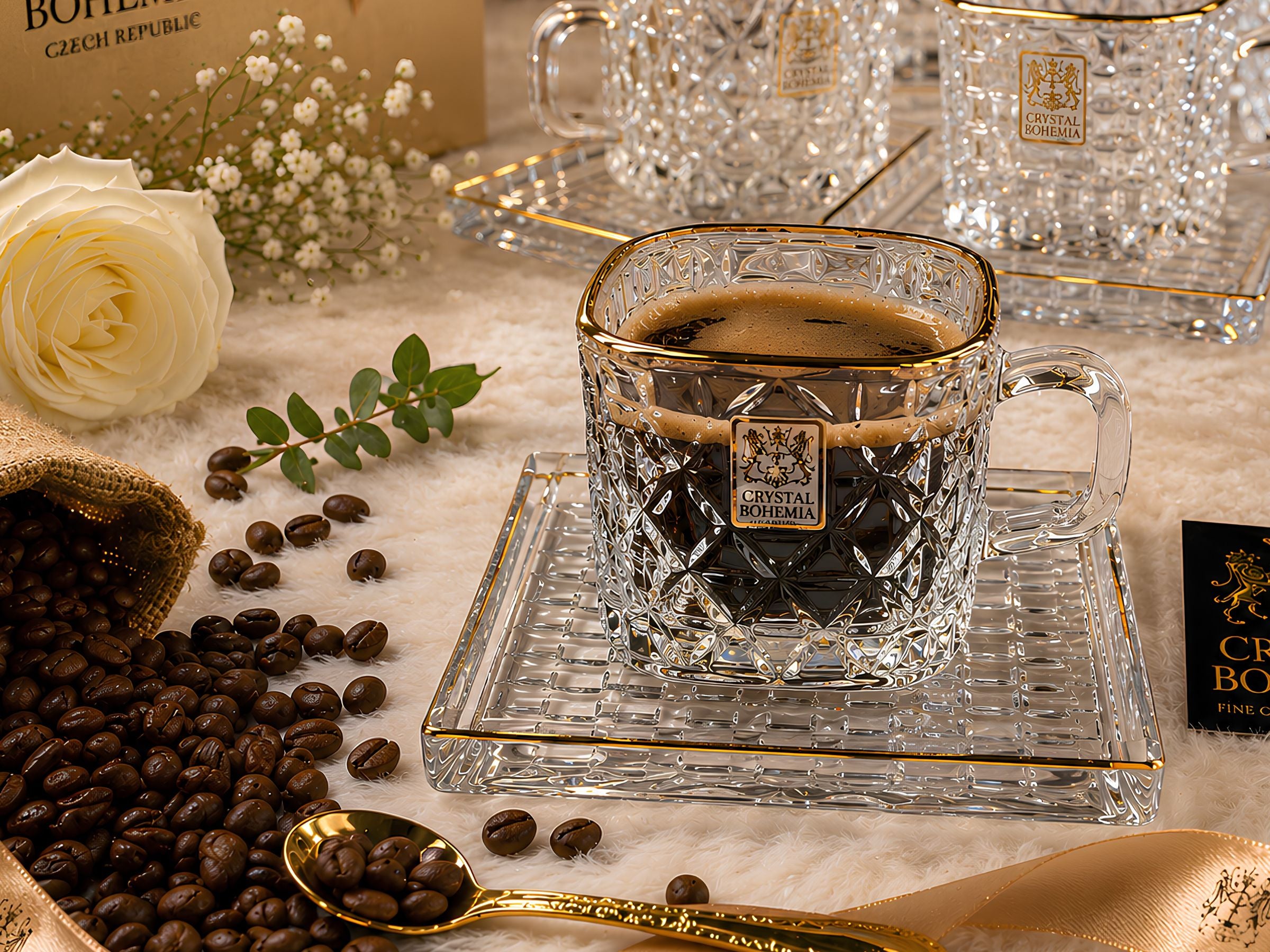 طقم قهوة بالطبق ذهبي كريستال بوهيمي فاخر 12 قطعة – CB001205