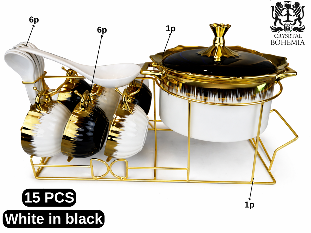 طقم شوربة كامل 15 قطعة مع معالق وستاند أبيض في أسود HCB001008