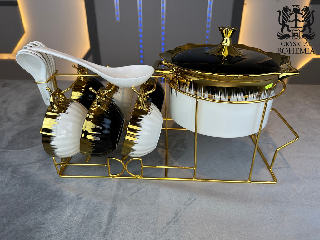 طقم تقديم شوربة بستاند ذهبي وتصميم أبيض وأسود