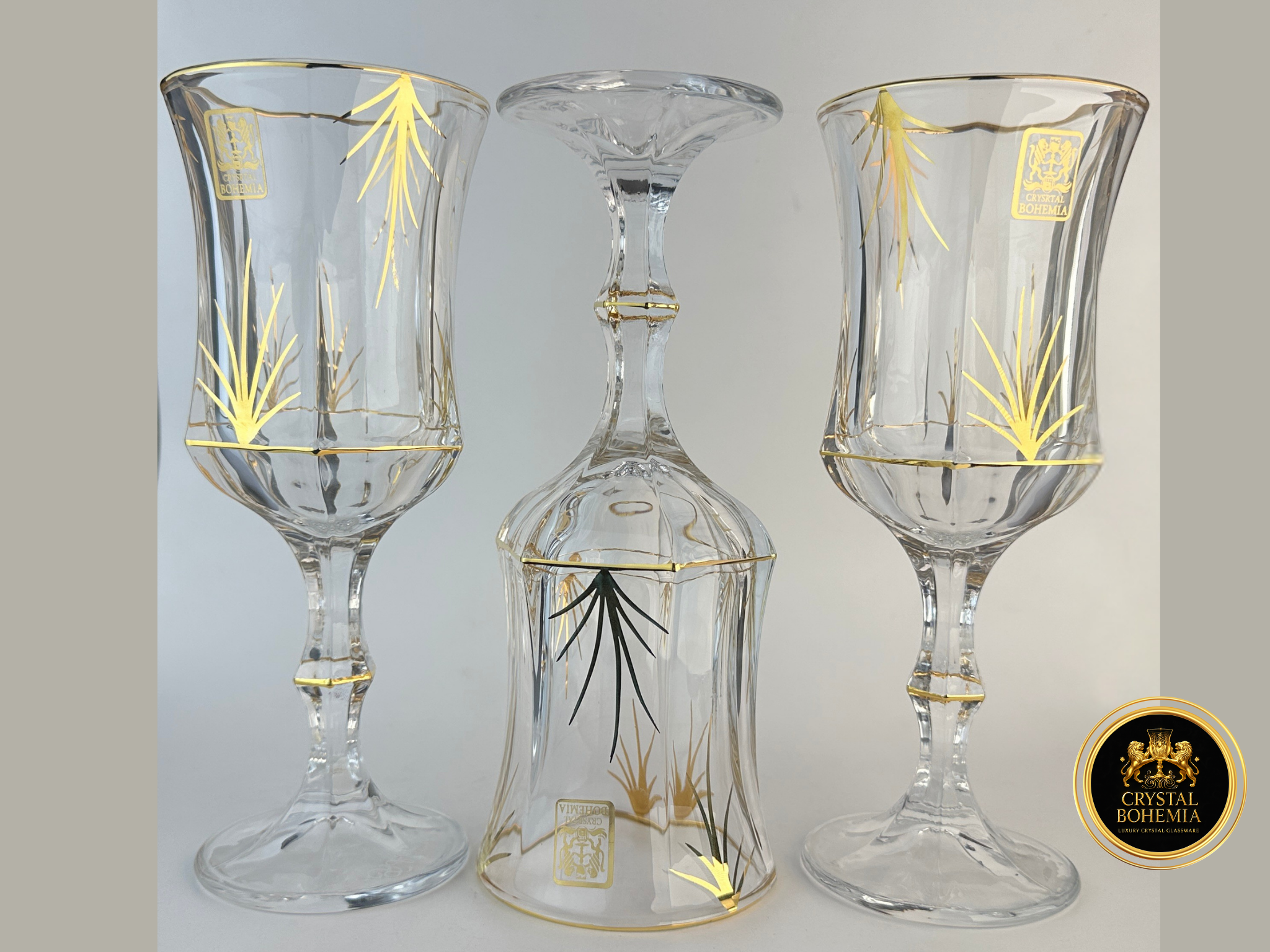 أطقم كاسات كريستال بوهيمي متمن بتشطيب ذهبي أنيق