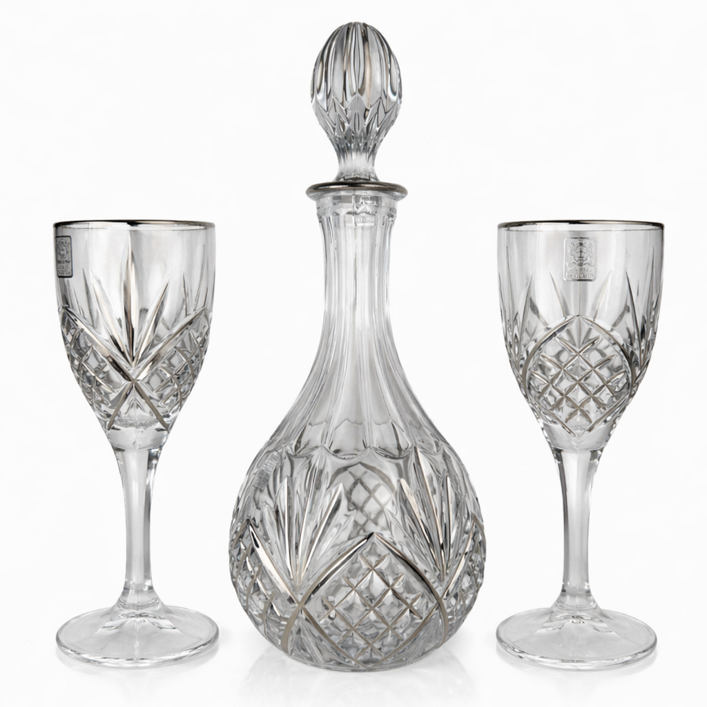 طقم كاسات كريستال بقاروره فضي تصنيع بوهيمي