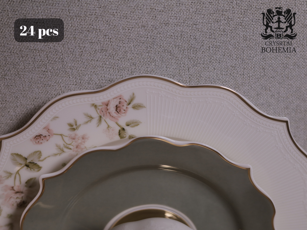 طقم شاي وجاتوه أبيض ورمادي بلمسات ذهبية
