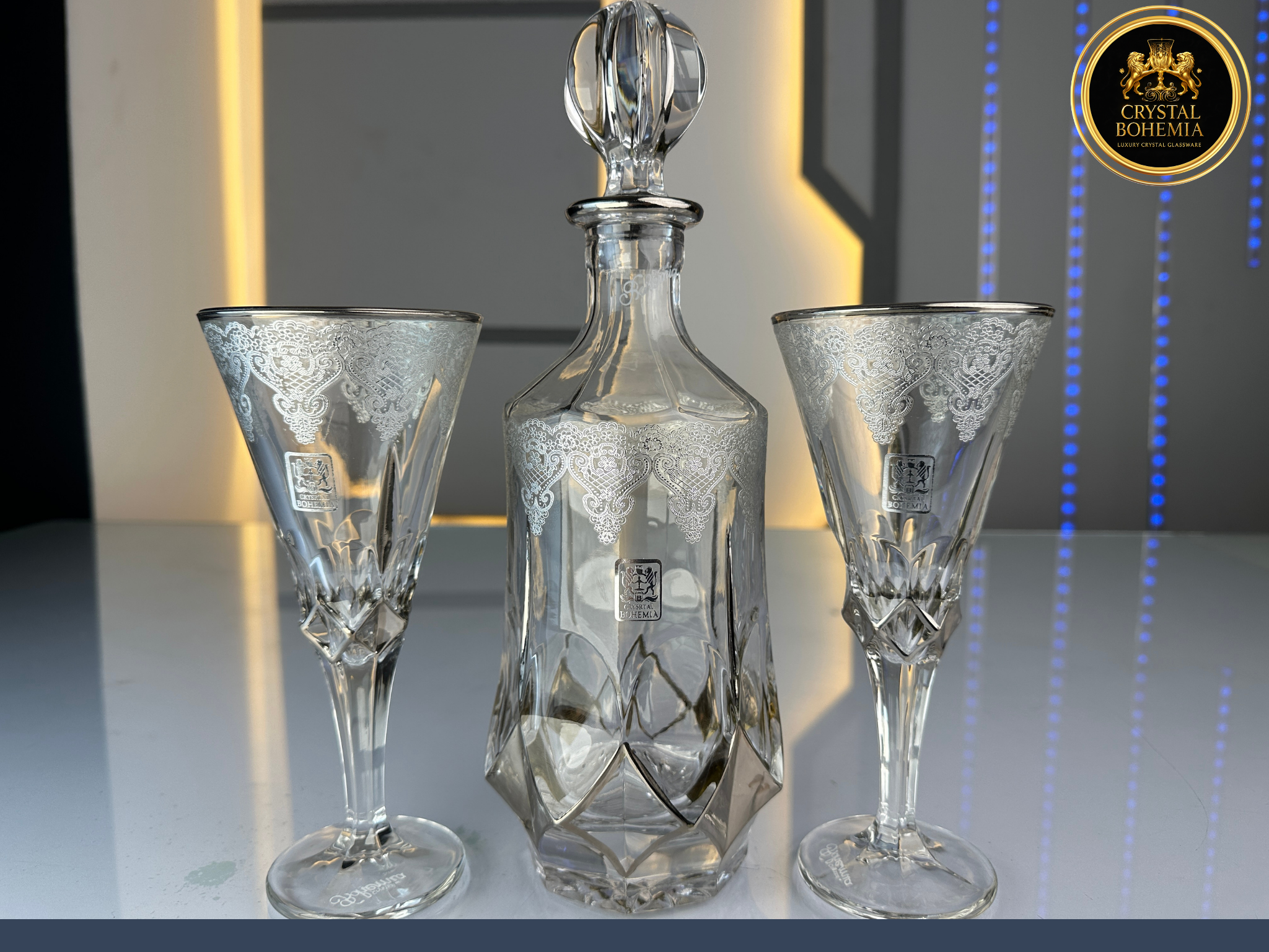 طقم شربات كريستال بوهيمي ميلانو ديكاله بتشطيب فضي