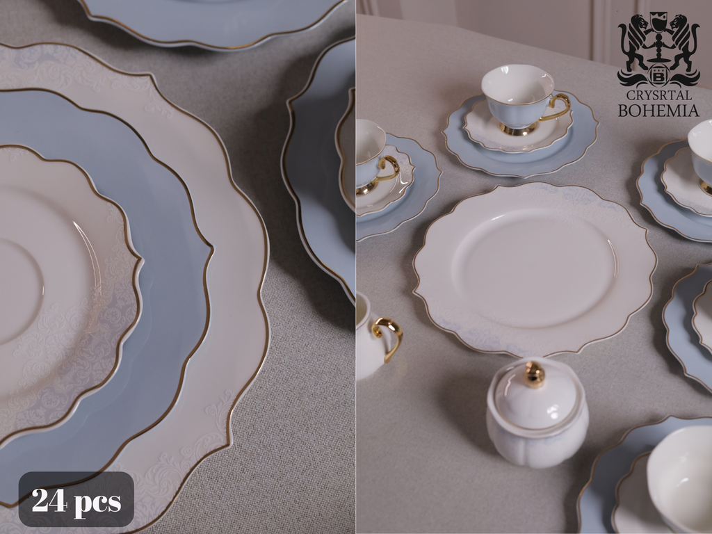 طقم شاي وجاتوه ازرق فاتح وذهبي
