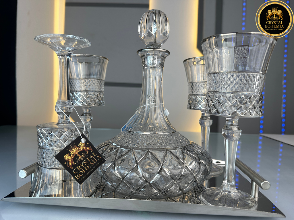 طقم شربات كريستال بوهيمي أسترال بقارورة وتشطيب فضي