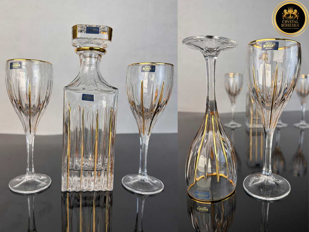 طقم شربات خطوط كريستال بوهيمي ذهبي بتصميم أنيق