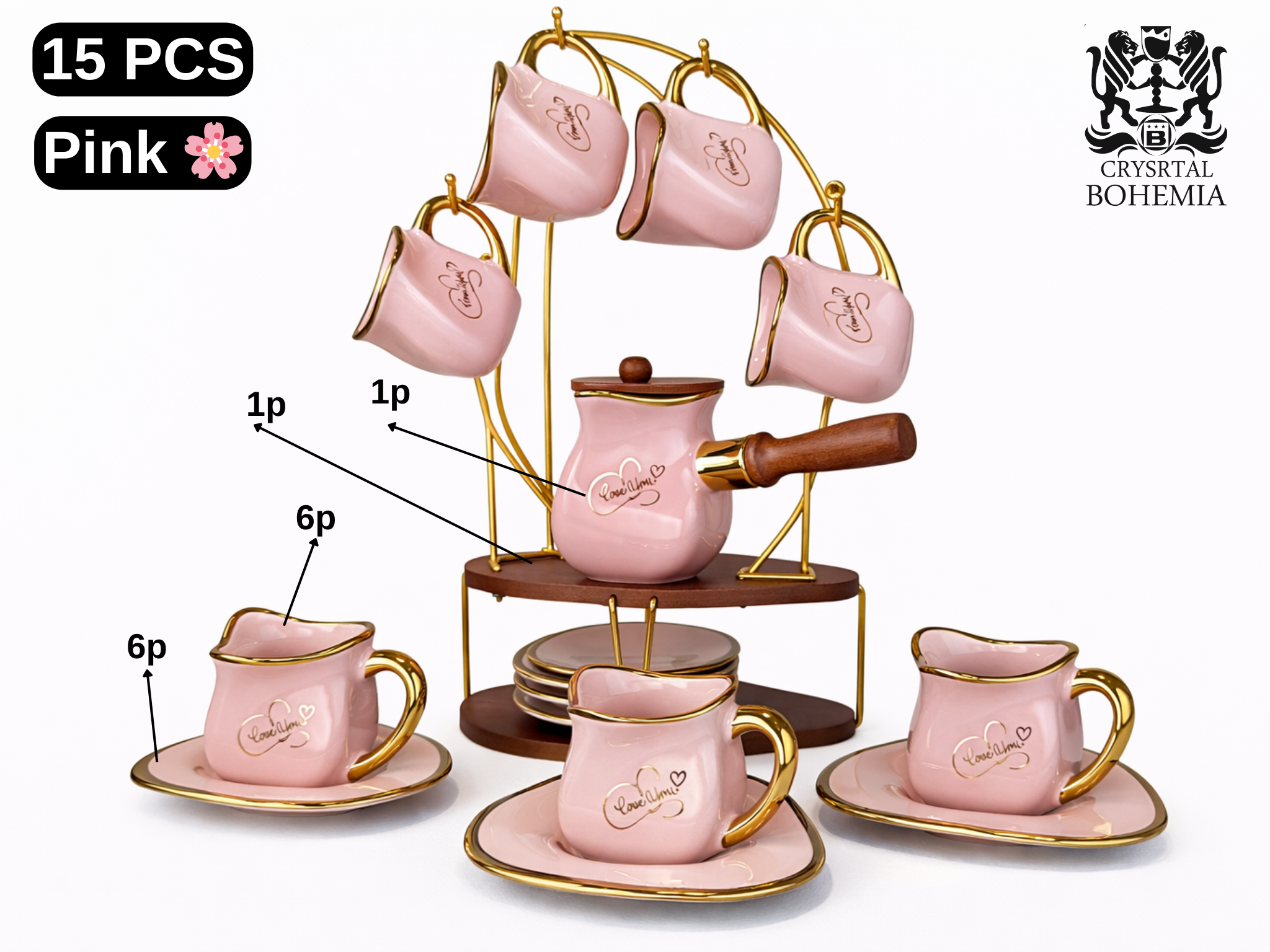 Turkish coffee set pink with gold stand