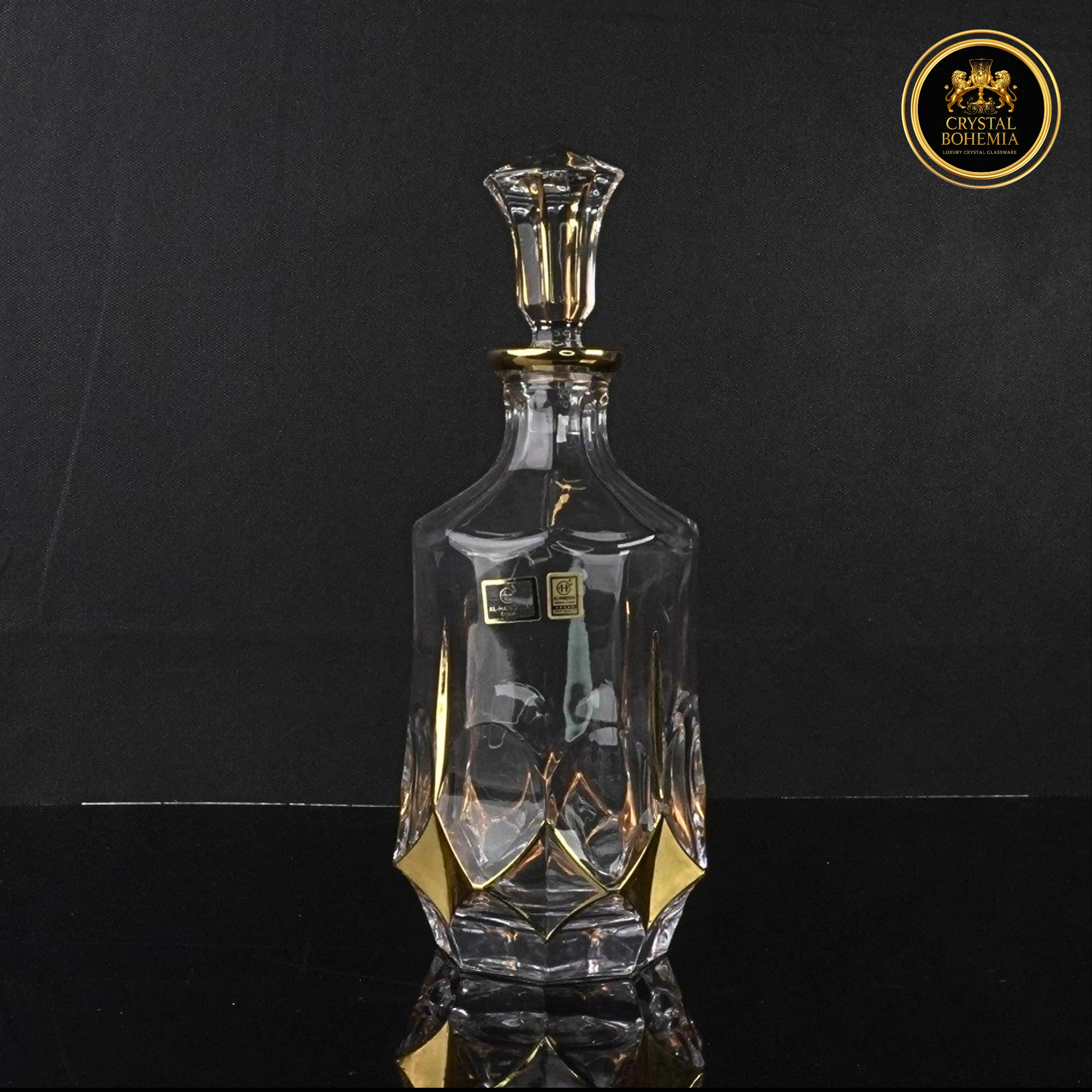 طقم كاسات + قارورة كريستال بوهيميا فاخر 7 قطع – تصميم ذهبي وشفاف (CB001000)