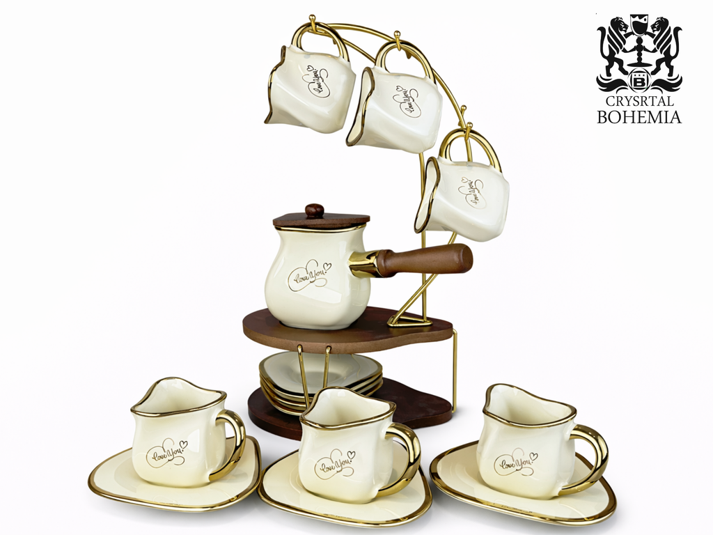cream turkish coffee set with gold stand