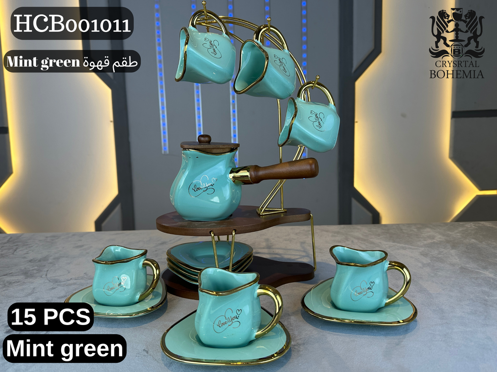 mint green turkish coffee set with gold stand