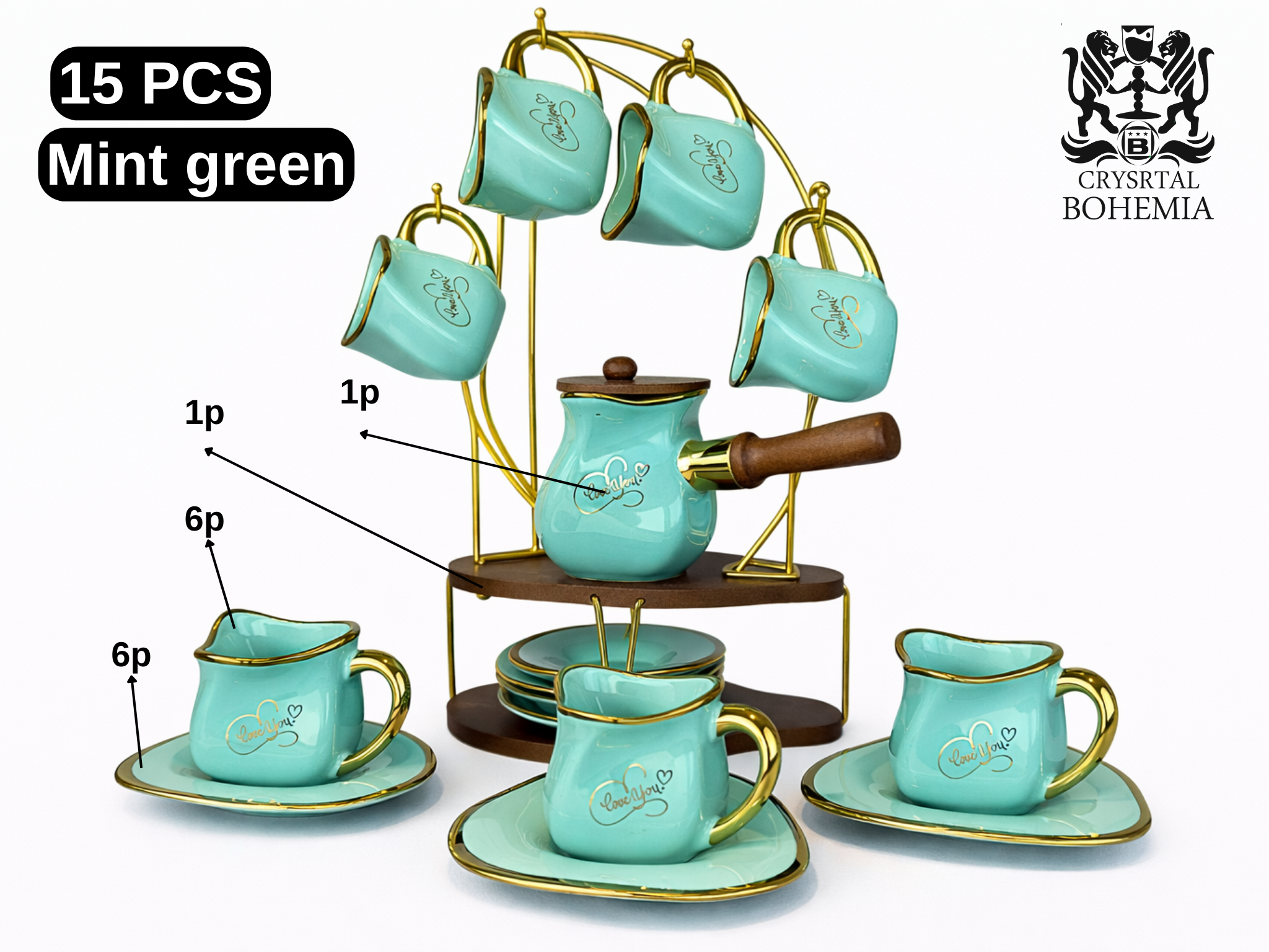 طقم قهوة تركي 15 قطعة مينت جرين مع ستاند