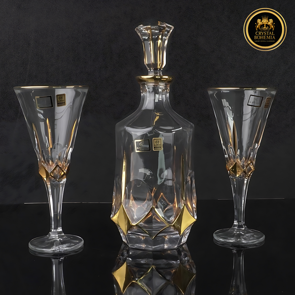طقم كاسات + قارورة كريستال بوهيميا فاخر 7 قطع – تصميم ذهبي وشفاف (CB001000)