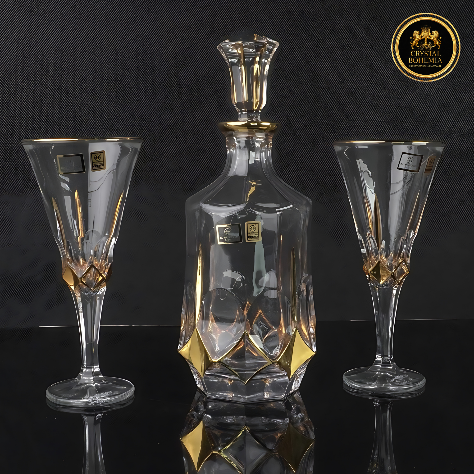 طقم كاسات + قارورة كريستال بوهيميا فاخر 7 قطع – تصميم ذهبي وشفاف (CB001000)