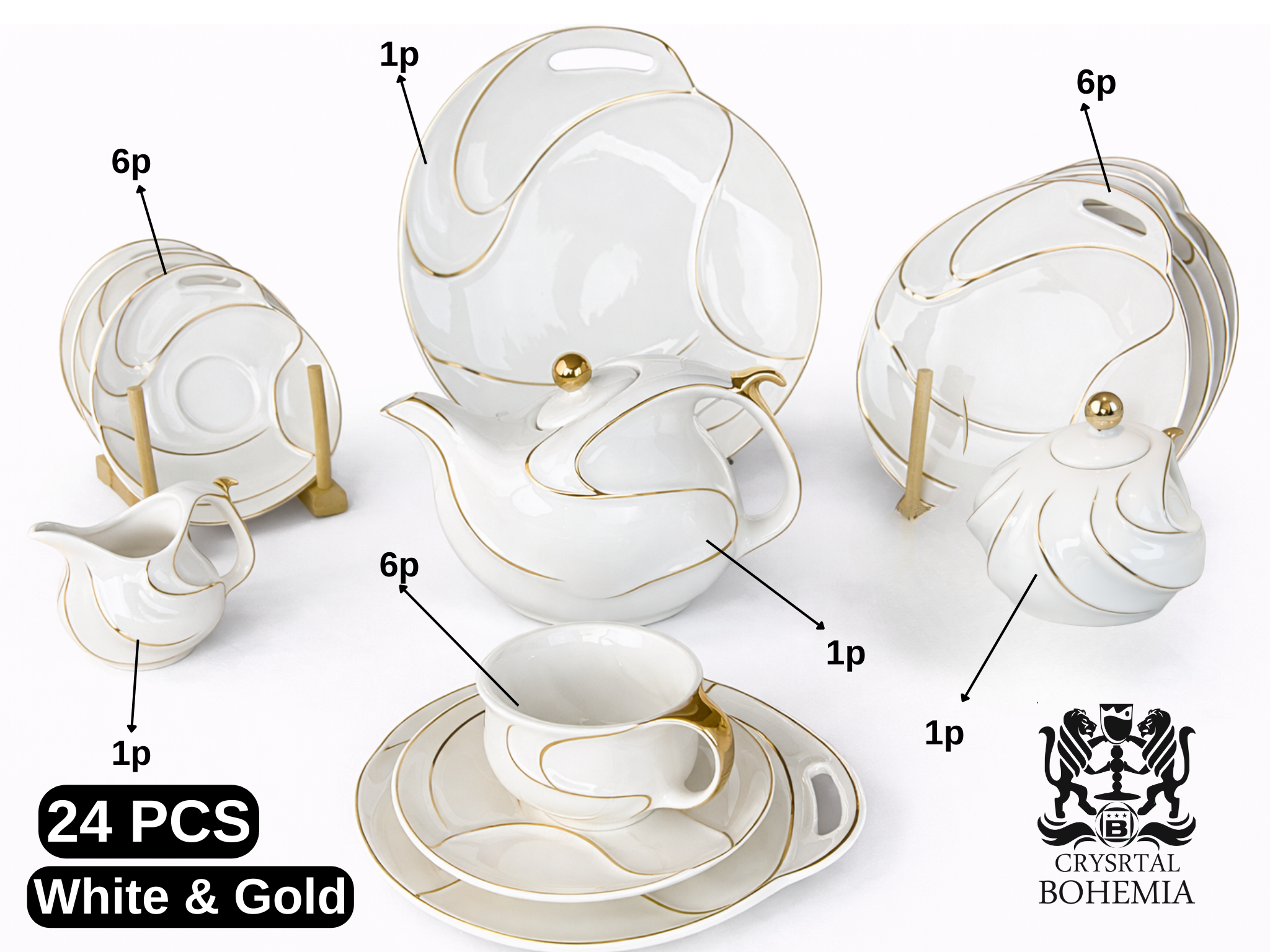 White and Gold tea and dessert set 24 pcs