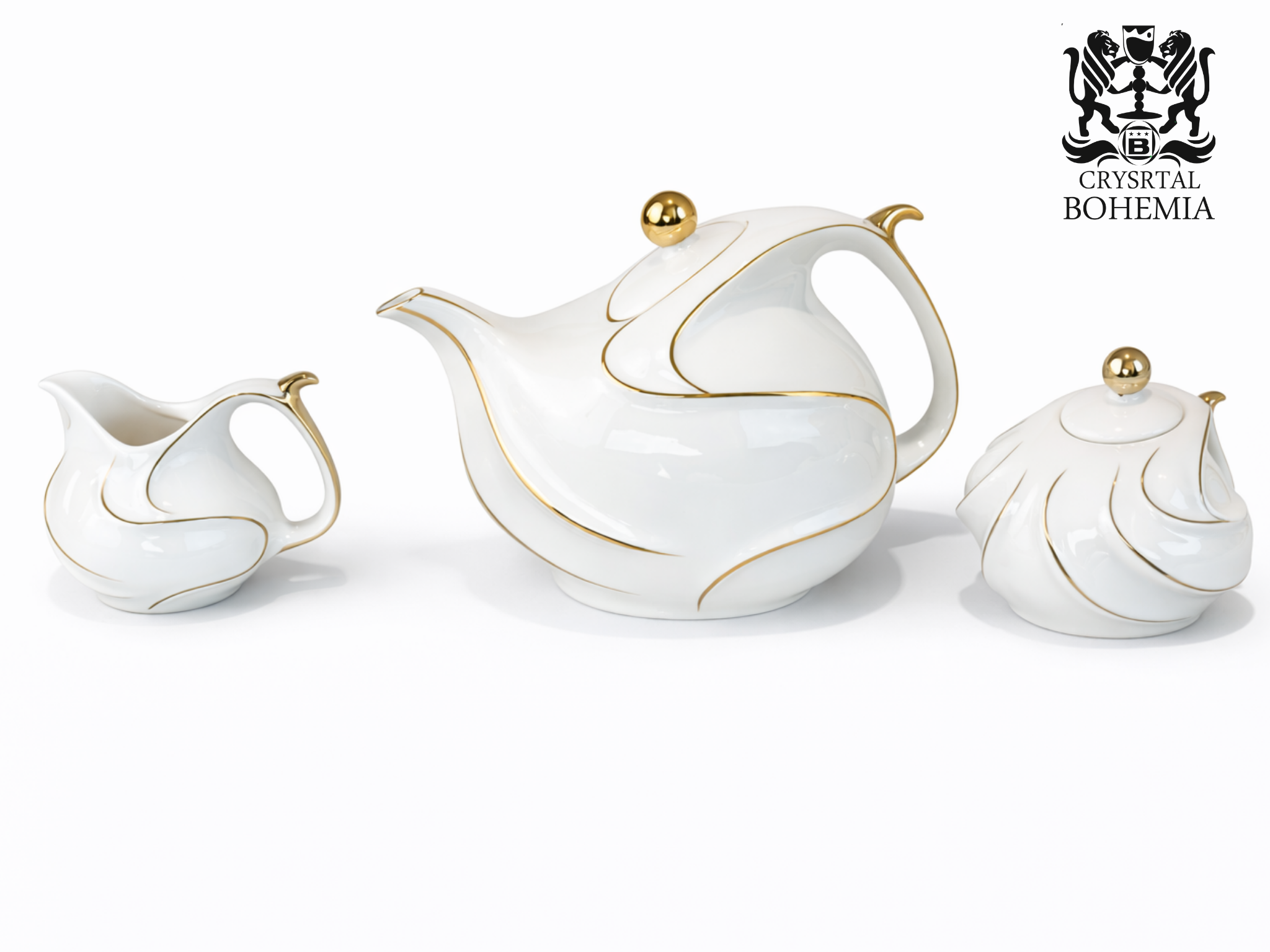 طقم شاي أبيض بخطوط ذهبية أنيقة