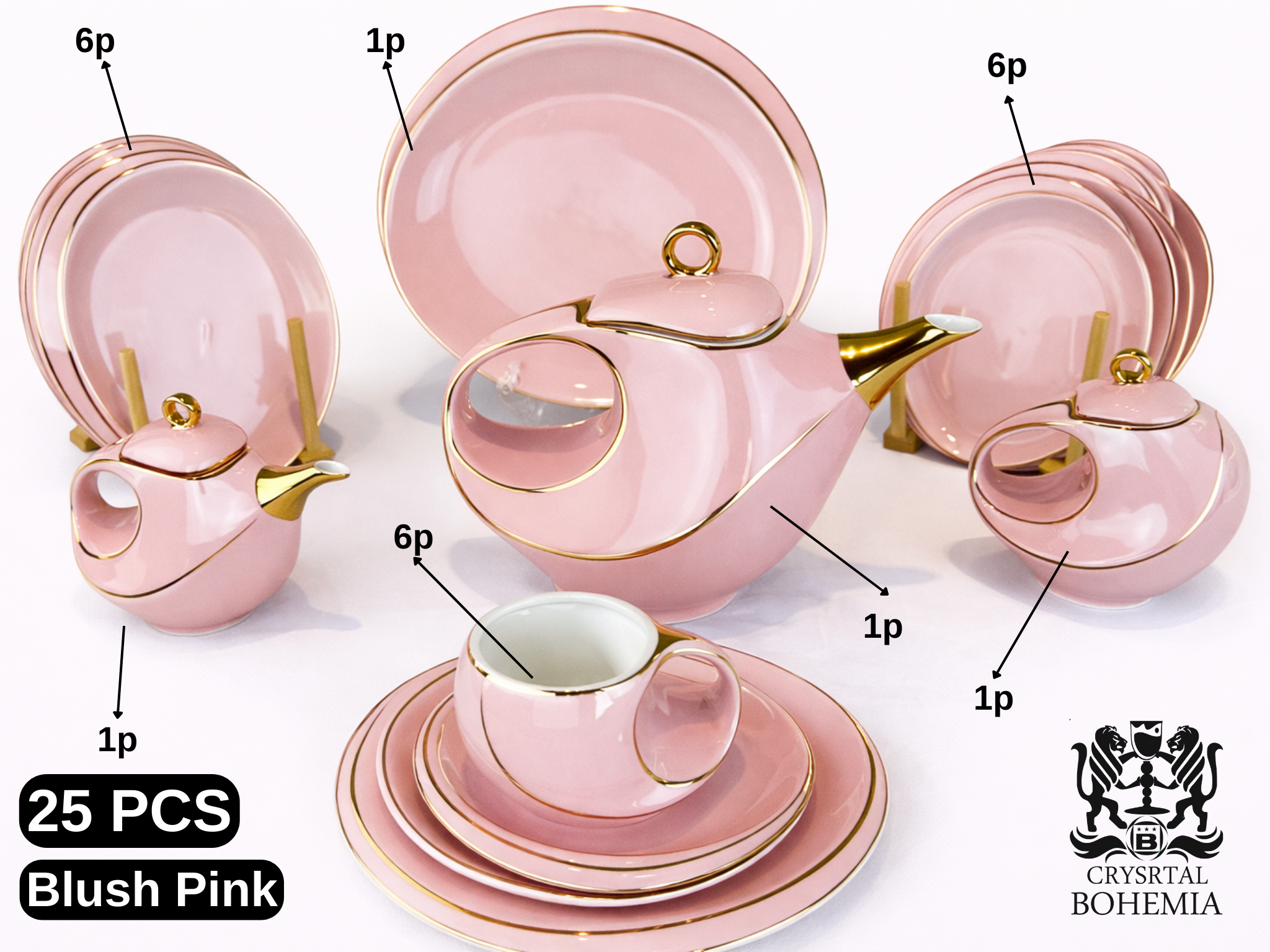 طقم شاي وردي بتفاصيل ذهبية أنيقة