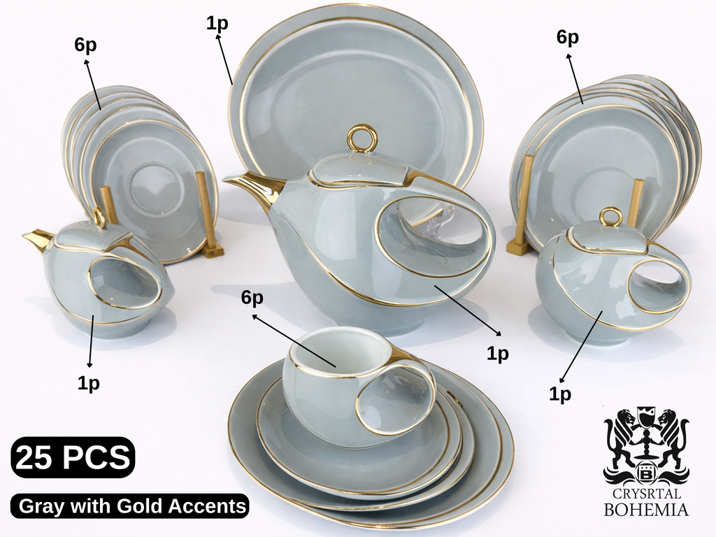 طقم شاي رمادي بتفاصيل ذهبية أنيقة