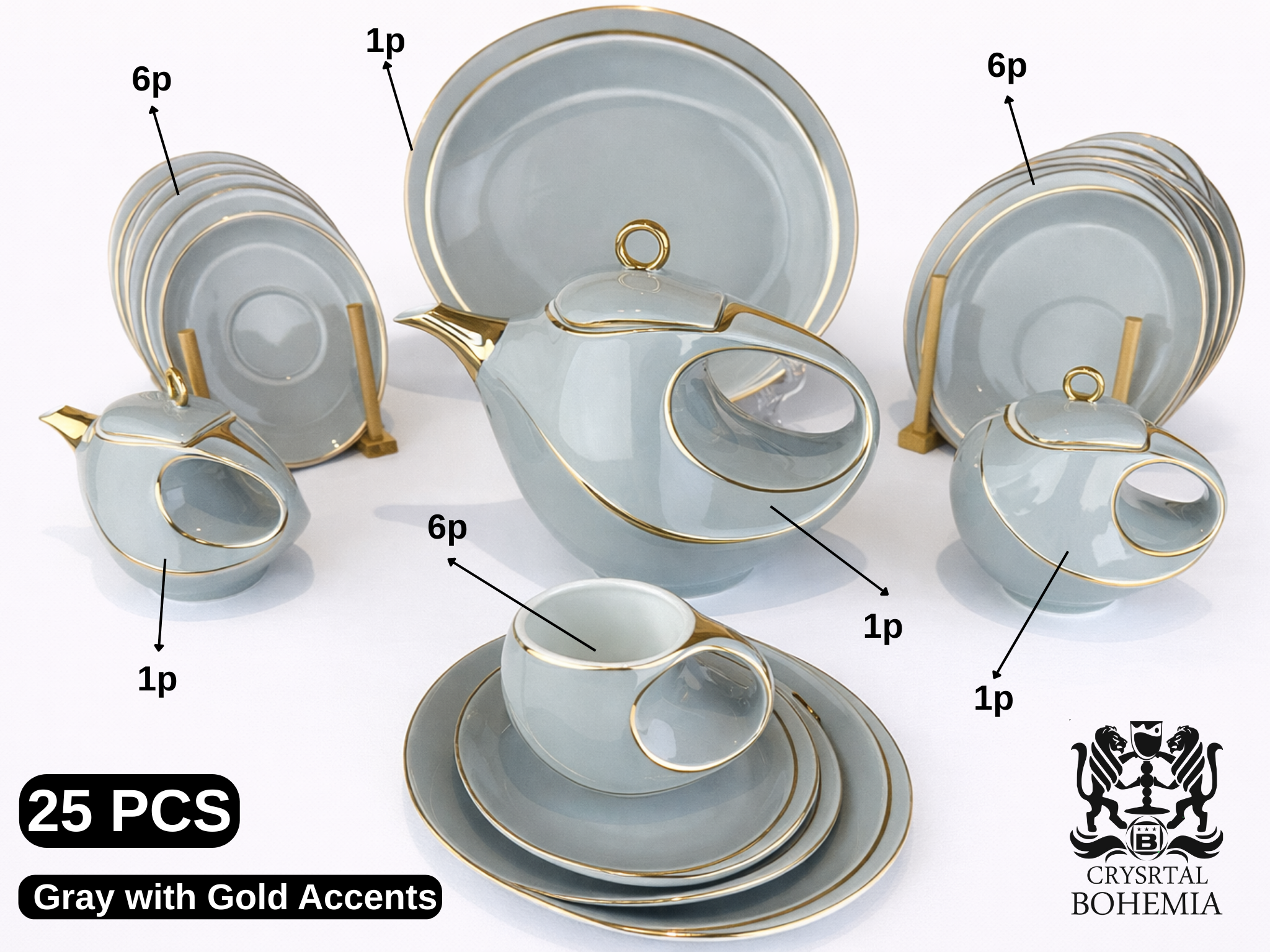 طقم شاي رمادي بتفاصيل ذهبية أنيقة