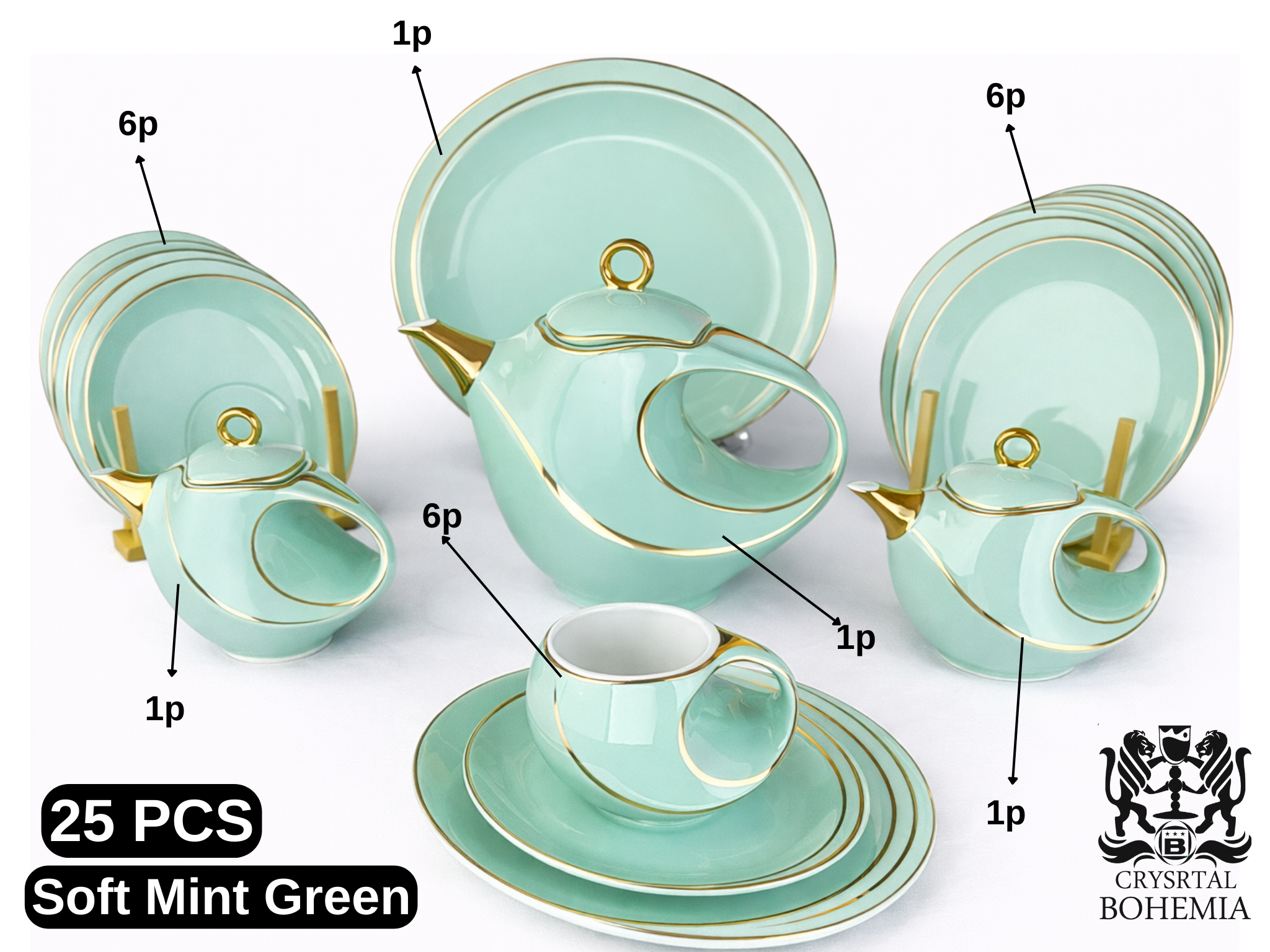 طقم شاي مينت جرين بتفاصيل ذهبية أنيقة