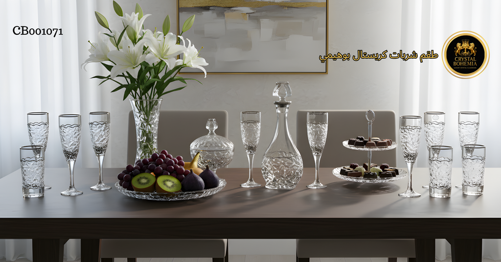كاسات كريستال بوهيمي 7 قطع (6 كاسات + قارورة) – فضي طقم كاسات كريستال فضي مع قارورة بوهيمي – تصميم راقي للحفلات والاستقبال