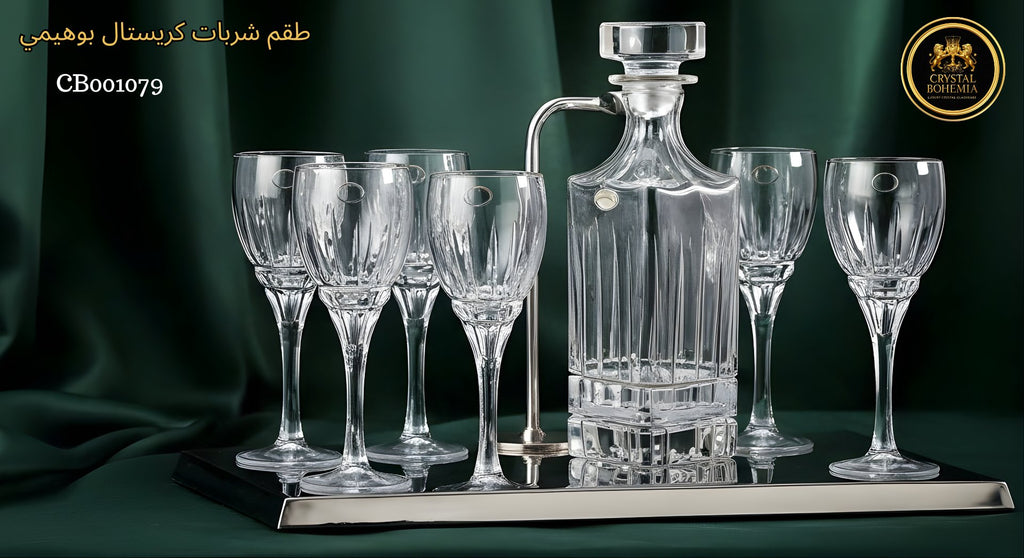 كاسات كريستال بوهيمي أصلي مع قارورة زخارف فضية – مثالي للشاي والعصير - كاسات كريستال بوهيمي 7 قطع (6 كاسات + قارورة) – فضي