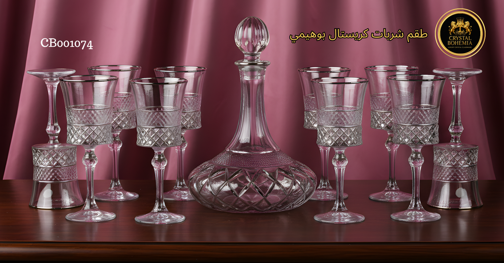 كاسات بوهيمي كريستال مع قارورة فضية – شفاف أنيق للمناسبات والديكور الفاخر - كاسات كريستال بوهيمي 7 قطع (6 كاسات + قارورة) – فضي